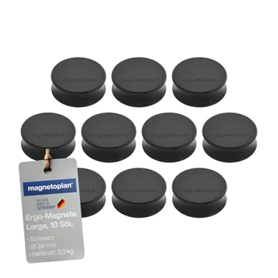 Abbildung von magnetoplan Ergo Magnet 10er Pack Whiteboard Magnete, Pinnwandmagnete, Magnetpunkte für die Schultafel, Kühlschrankmagnete und Pinnwände 11 Farben, 34 x 12.5mm schwarz