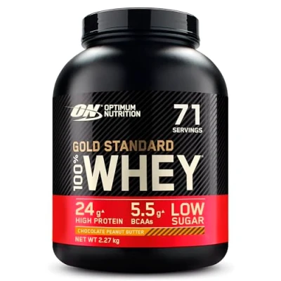 Abbildung von Optimum Nutrition Gold Standard 100% Molkenproteinpulver für Muskelaufbau und regeneration mit natürlich vorkommendem Glutamin BCAA Aminosäuren, Chocolate Peanut Butter, 71 Portionen, 2,27 kg