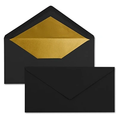 Abbildung von 25 Brief Umschläge DIN Lang Schwarz mit Gold Metallic Innen Futter 110 x 220 mm Nassklebung festliche Kuverts für Weihnachten
