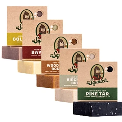 Abbildung von Dr. Squatch Natürliches Seifenstück für Männer, 5er Pack zur Auswahl Lorbeer Rum, Birkenholzbrise, Goldmoos Peeling, Kiefern Teer, Holzfass Bourbon