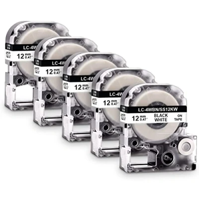 Abbildung von 5x Labelwell 12MM Kompatibel Schriftband Ersatz für LC 4WBN9 SS12KW Schwarz auf Weiß Arbeiten LabelWorks LW 300 300L C410 400 600P 500 900P 700 1000 OK200