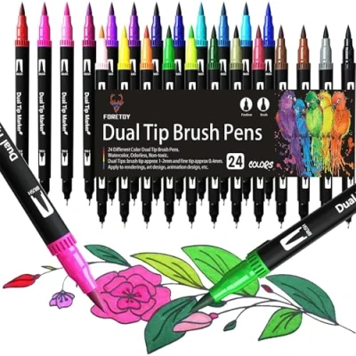 Abbildung von FORETOY Dual Brush Pen Set, 24 Farben, Aquarell Pinselstifte Doppelfilzstifte Für Bullet Journal, Handlettering, Kalligraphie, Manga, Malbücher, Pinselspitzen [1 2 mm] und Feine Spitzen [0,4