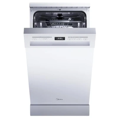 Abbildung von Midea SF 5.45NW10C Geschirrspüler 45cm Freistehend &amp; Unterbaufähig, 10 Maßgedecke, 7 Programme, Spülmaschine 45 cm mit WIFI, 44 db, Startverzögerung, Automatische Türöffnung, 63 kWh/100 Zyklen, Weiß