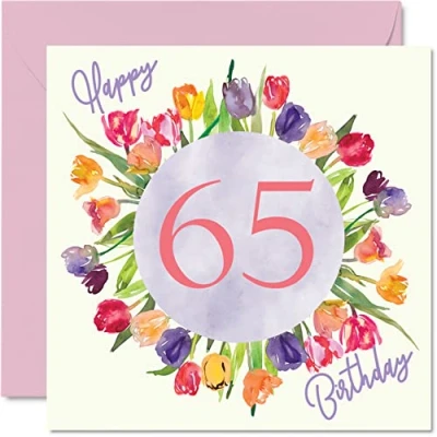 Abbildung von schöne Geburtstagskarte zum 65. Geburtstag für Frauen Aquarell Tulpen Blumen Bouquet Karte Ihre Oma, Mama, Geburtstagsgeschenke, 145 mm x mm, florale Grußkarten Geschenk