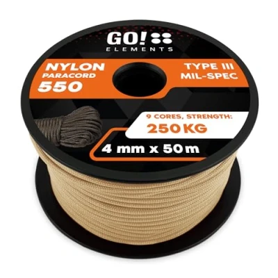 Abbildung von GO!elements 50m Paracord Seil aus reißfester Nylonschnur 4mm 550 Typ III Schnur Allzweckseil &amp; Reepschnur Max. 250kg, Farbe:Sand