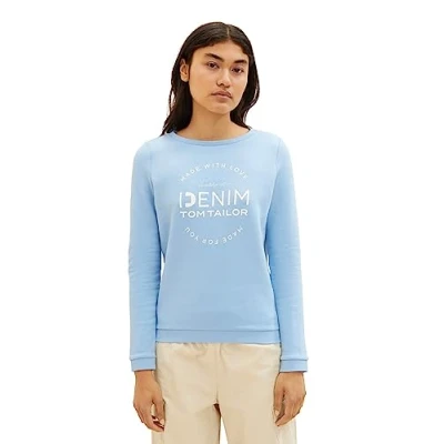 Abbildung von TOM TAILOR Denim Damen 1039817 Sweater mit Logo Print &amp; Raffarm, 11139 Soft Charming Blue, M