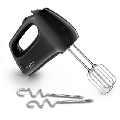 Abbildung von Moulinex Quickmix HM3108 Handmixer mit 300 W, 5 Geschwindigkeiten, zwei Zubehörteile zum Kneten oder Rühren, Edelstahl, Brot, hausgemachte Pizza, Kuchenteig, klarer Schneepunkt, schwarz