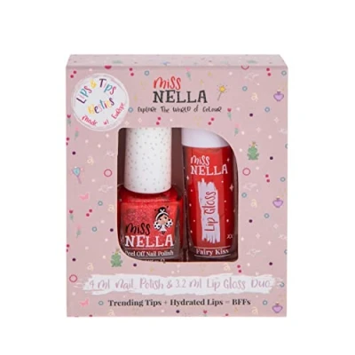 Abbildung von Miss Nella Fairy Kiss Lips &amp; Tips duo duftender Lipgloss + glitzernder Nagellack für Kinder mit abziehbarer, wasserbasierter und geruchsfreier Formel