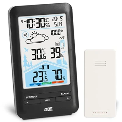 Abbildung von ADE Wetterstation Funk mit Außensensor und Funkwecker Lüftungsempfehlung Hygrometer, Thermometer 2 Weckzeiten animierte Wettervorhersage Schlummerfunktion LCD Farbdisplay