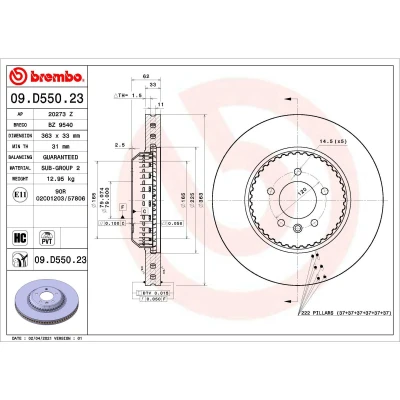 Abbildung von BREMBO 09.D550.23 Bremsscheibe 363 33 5 innenbelüftet, Verbundbremsscheibe beschichtet hochgekohlt LAND ROVER: Discovery