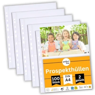 Abbildung von perfect line 100 Sammelhüllen 2 geteilt DIN A4, Fotothüllen transparent, Prospekthüllen Glasklar, Klarsichtfolien Extra Stark, dokumentenecht