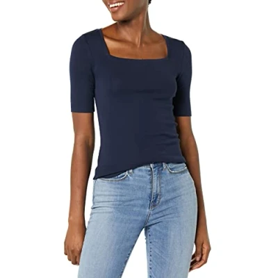 Abbildung von Amazon Essentials Damen Halbarm T Shirt mit eckigem Ausschnitt in schmaler Passform, Marineblau, XL
