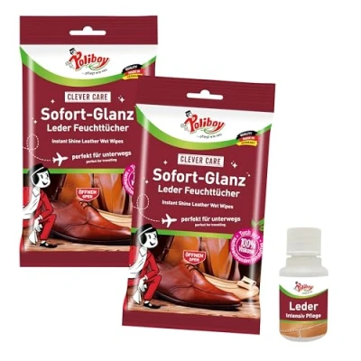 Abbildung von POLIBOY Sofort Glanz Leder Feuchttücher Lederreinigungstücher Für unterwegs Schuhe &amp; Taschen Sofortpflege mit Glanzeffekt 2x 10 Tücher inkl. Produktprobe Made in Germany