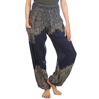 Abbildung von Lofbaz Damen Haremshose mit gesmoktem Boho Hosen Floral Dunkelblau Size M