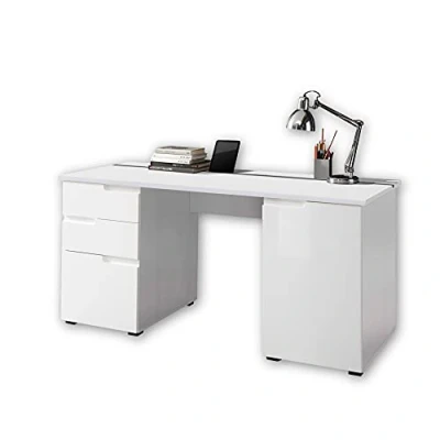 Abbildung von Stella Trading SPICE Schreibtisch mit Schubladen, Hochglanz Weiß Bürotisch Computertisch fürs Homeoffice Stauraum und praktischer Tabletleiste 158 x 76 67 cm (B/H/T)