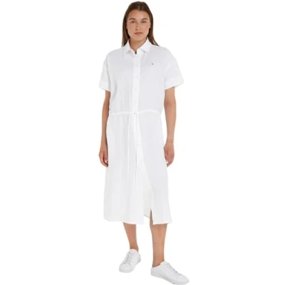 Abbildung von Tommy Hilfiger Damen Hemdkleid Leinen Midi Shirt Dress Knielang, Weiß (Th Optic White), 32