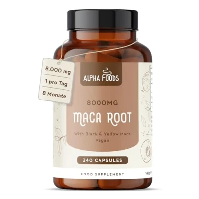Abbildung von Maca Kapseln Hochdosiert 240 vegane Schwarz 10:1 Extrakt 8000 mg pro Kapsel Pulver aus der Wurzel und vegan Alpha Foods