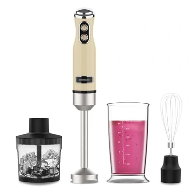 Abbildung von Cecotec Stabmixer Power RetroYellow 1200MAX Cream&amp;Crush, Maximalleistung 1200 W, CrossBlades Technologie, 2 Geschwindigkeiten, Zubehörset spülmaschinenfest, Spritzschutzhaube