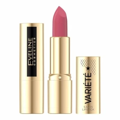 Abbildung von Eveline Cosmetics Variété Luxus Satin Lippenstift Nr. 01 Tiefenwirksam mit Jojobaöl, Sesamöl, Hyaluronsäure &amp; Vitamin E Volle Deckkraft Vegane Formel Erhältlich in 6 universellen Farben