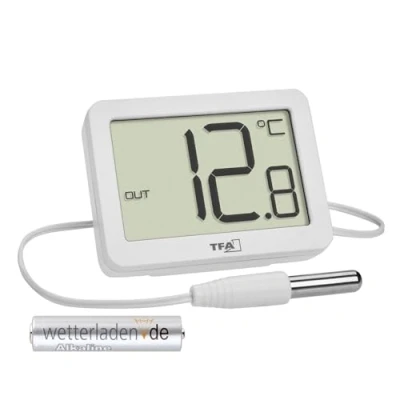 Abbildung von TFA Dostmann Digitales Innen Außen Thermometer, 30.1066, inkl wasserdichter Temperaturfühler, Höchst und Tiefstwerte, mit Magnet/Ständer, (weiss Batterie)