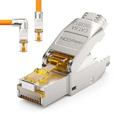 Abbildung von deleyCON 1x CAT 6a Netzwerkstecker 90 Winkel Stecker RJ45 Werkzeuglos Geschirmt 10 Gbit/s Netzwerk für Starre Verlegekabel Rohkabel Steckverbinder Ethernet LAN DSL Patchkabel