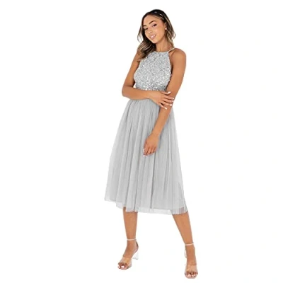 Abbildung von Maya Deluxe Damen Embellished Halter Neck Midi Bridesmaid Dress, Soft Grey, 38 EU