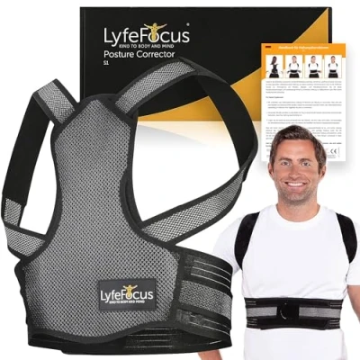 Abbildung von LyfeFocus S1 Atmungsaktiver Premium Rückenstützer Obere Rückenstütze, Rückenbandage und Rückenbegradiger effektive Haltungskorrektur bei Nacken , Schulter Rückenschmerzen (Schwarz, Klein)