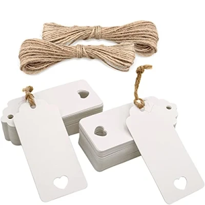 Abbildung von jijAcraft 200 Stück Geschenkanhänger Hochzeit, Weiß Kraftpapier Anhänger Etiketten 9,5 x 4,5 CM, Anhängeetiketten mit Juteschnur, für Valentinstag, Taufe, Weihnachten Geschenkverpackung