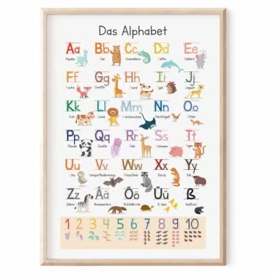 Abbildung von MeinBaby123® XL ABC Lernposter Grundschrift für Kinder (GS) Buchstaben Laute von A Z Alphabet geeignet Kindergarten, Vorschule, Grundschule (Lernposter Tiere A2)