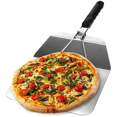 Abbildung von com four® Pizzaschaufel aus rostfreiem Edelstahl Pizza und Kuchenheber mit klappbaren Griff Pizzaschieber für Pizza, Flammkuchen, Brötchen Brot (silberfarben/schwarz eckig)