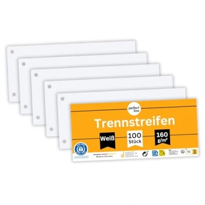 Abbildung von perfect line 100 Trennstreifen für Ordner A4, Trennblätter aus Recycling Karton, MADE IN GERMANY, Weiß, gelocht