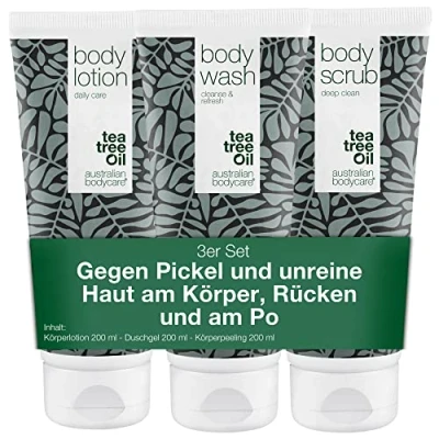 Abbildung von Australian Bodycare Set gegen Pickel auf dem Rücken Teebaumöl Körperpeeling, Duschgel &amp; Bodylotion bei unreiner Haut am Po Auch Juckreiz ganzen Körper 100% Vegan
