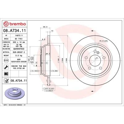 Abbildung von BREMBO COATED DISC LINE 08.A734.11 Bremsscheibe 300 12 5 voll beschichtet hochgekohlt mit Schrauben MERCEDES BENZ: S Class Saloon, SL Convertible