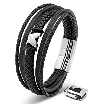Abbildung von SERASAR Armbänder Herren Silber 23cm Männer Armband Leder Armreif Lederband Herrenarmreif Armschmuck Schmuck Flecht Wickelarmband Kette Leather Bracelet