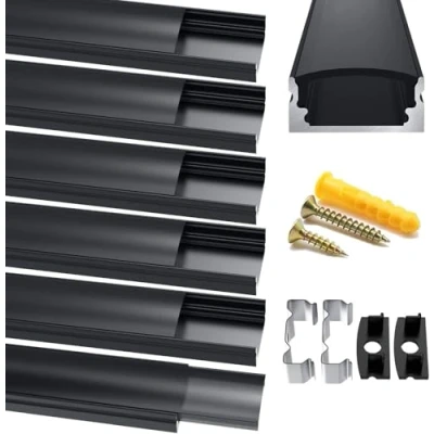 Abbildung von Chesbung LED Aluminium Profil Schwarz, 6X1m Kanäle U Form Leisten Profil, Eckprofil Schwarz für Streifen (1 12mm), mit Endkappen, Metall Befestigungs Clips und Montagematerial