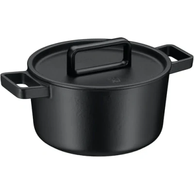 Abbildung von WMF Flavour Bräter 24 cm, Gusseisen Induktion, Kochgeschirr, emailliert, Topf, Gussdeckel, Schmortopf, Deckel mit Kondensationsnoppen, moderne Eleganz, schwarz