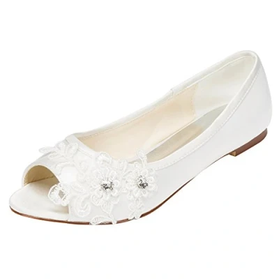 Abbildung von Emily Bridal Brautschuhe Frauen Satin Flache Ferse Peep Toe mit Crystal Heel (EU39, Ivory)