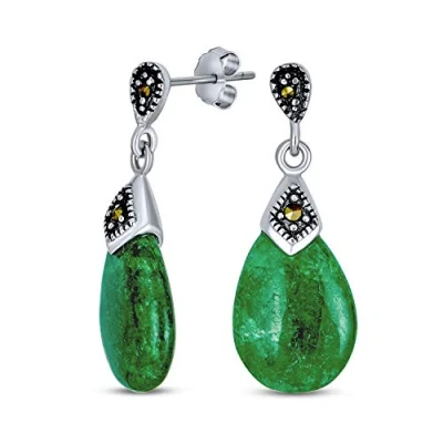 Abbildung von Boho Bali Marcasite Akzent Birnenförmig Edelstein Kronleuchter Baumeln Träne Echte Grüne Jade Tropfen Ohrringe Für Frauen Zwei Ton Oxidiert .925 Sterling Silber