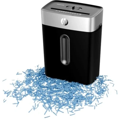 Abbildung von HP OneShred 8CC Black, Aktenvernichter, Sicherheitsstufe P 4, Cross Cut, 8 Blatt, 2826, schwarz/Silber, Partikelschnitt
