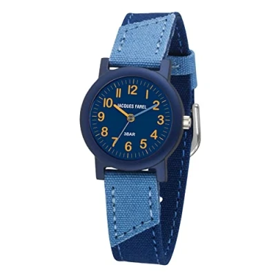 Abbildung von JACQUES FAREL Öko Kinderuhr Jungen Armbanduhr Analog Quarz mit Textilarmband aus Bio Baumwolle Dunkelblau Hellblau Nachhaltig ORG 1467