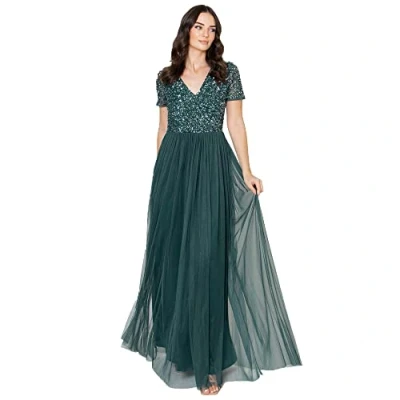 Abbildung von Maya Deluxe Damen Women&#039;s V Neckline Embellished Neck Maxi Dress Short Sleeve Empire Waist Prom Graduation Bridesmaid Wedding Guest Brautjungfernkleid, Emerald Green, 40 EU