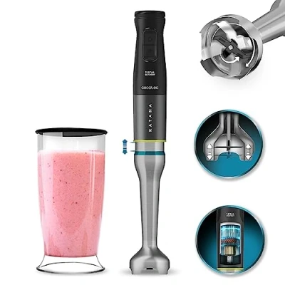 Abbildung von Cecotec Stabmixer Katana TotalDestroy 1500XL DoubleKatana DK. 1500 W, 21 Geschwindigkeiten und Turbo, Doppelklingensystem, 4 Klingen mit schwarzem Titan, Spritzschutzhaube, 800 ml Glas.