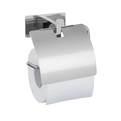 Abbildung von WENKO Turbo Loc Toilettenpapierhalter Genova Shine mit Deckel, Wandhalter für Toilettenpapier Rolle, Befestigen ohne Bohren Klebepad System, Halter aus Edelstahl, 14 x 11,4 6,2 cm, Glänzend