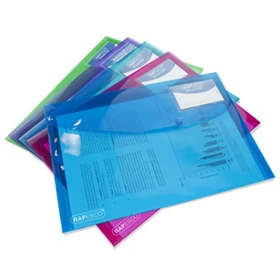 Abbildung von Rapesco 0700 Sammelmappe mit Druckknopf, A4+, Sortierte Transparente Farben, 5 Stück