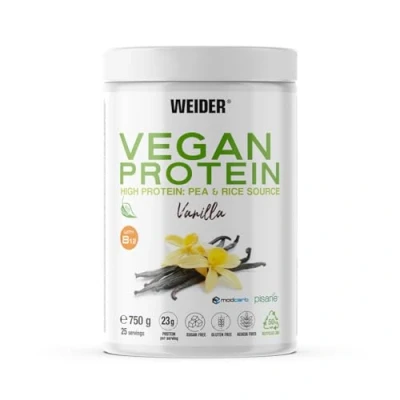 Abbildung von Weider Vegan Protein (750g) Vanille Geschmack. 23g Protein/Dosis, Erbsenisolat (Pisane) &amp; Reisproteine. Mit Vitamin B12 und Stevia. Glutenfrei, zuckerfrei. Verpackung 50% Recycelt, 100% Recycelbar