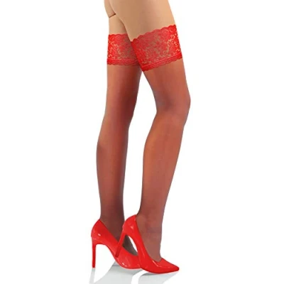 Abbildung von sesto senso Damen Halterlose Strümpfe 15 DEN Feinstrümpfe mit Spitze Rot 3/4 M/L Red