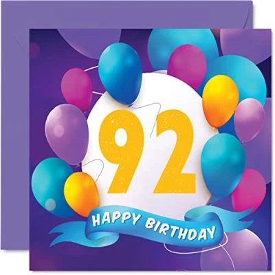 Abbildung von Stuff4 Geburtstagskarte zum 92. Geburtstag für Männer und Frauen Ballon Party Happy Birthday Cards 92 Jahre alte Mann, Frau, Großvater, Opa, Oma, Mama, Papa, 145 mm x