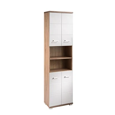 Abbildung von byLIVING Badezimmer Hochschrank Nebraska/Sonoma Eiche Optik hell braun / 4 Türen Hochglanz weiß lackiert/Badezimmerschrank/Badschrank offene Elementen/viel Stauraum/B 50, H 192, T 31,5 cm