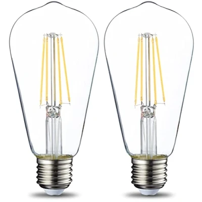 Abbildung von Amazon Basics LED Leuchtmittel im Vintage Stil, ST64, Edison Sockel E27, 7 W (entspricht 60 Glühbirne), Warm weiß, nicht dimmbar, klares Filament, 2Stück