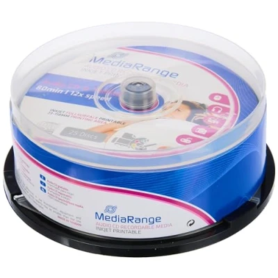 Abbildung von MediaRange Audio CD R 700MB80min 12 fache Schreibgeschwindigkeit, vollflächig bedruckbar (Tintenstrahldrucker), 25er Cakebox